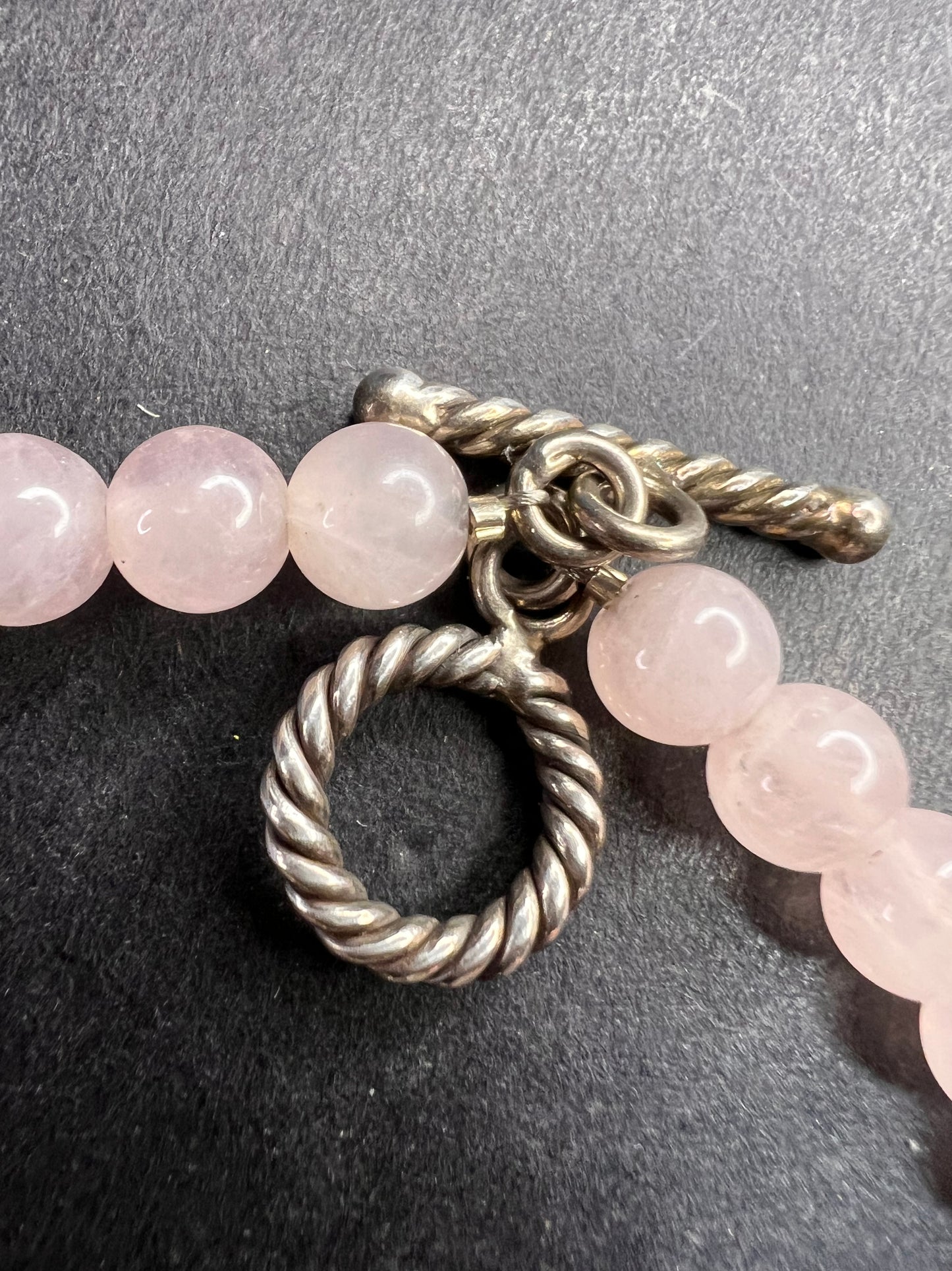 Vintage rose quartz, freshwater pearls, and sterling silver breast cancer awareness bracelet