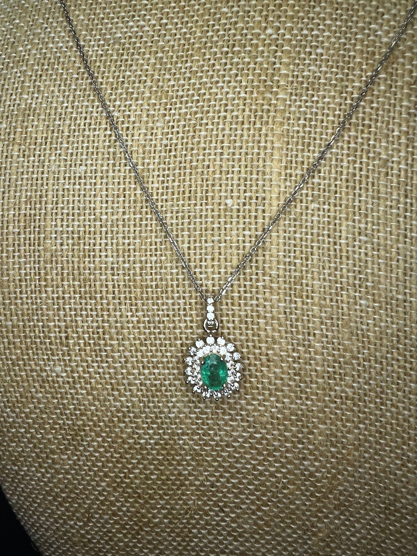 Zambian Emerald and White Zircon Sunburst Pendant Necklace 18 Inches in Platinum Over Sterling Silver 1.50 ctw