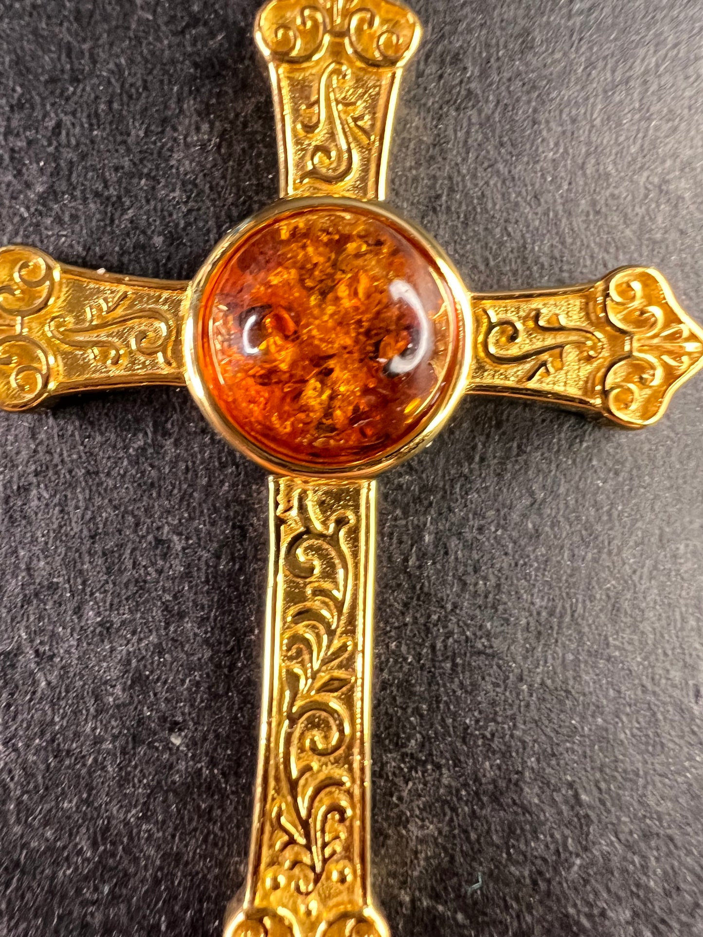 NEW Baltic Amber cross pendant in gold over sterling silver
