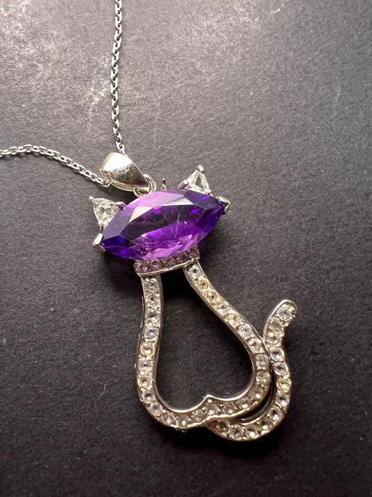 Purple Amethyst white topaz Rhodium Over Silver Cat Pendant Chain