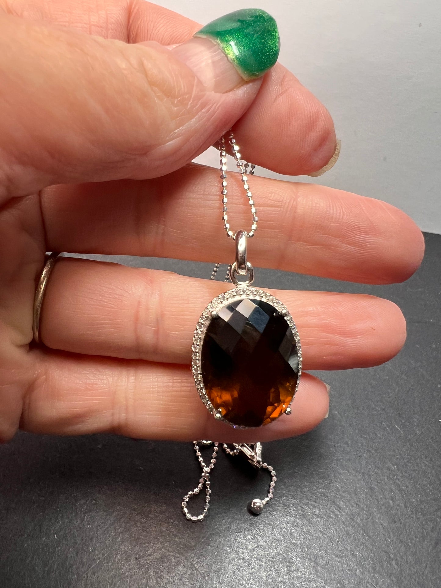 Cognac Quartz sterling silver halo pendant and chain