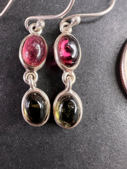 NEW vintage dead stock pink and green tourmaline 925 sterling silver earrings 2.72 grams