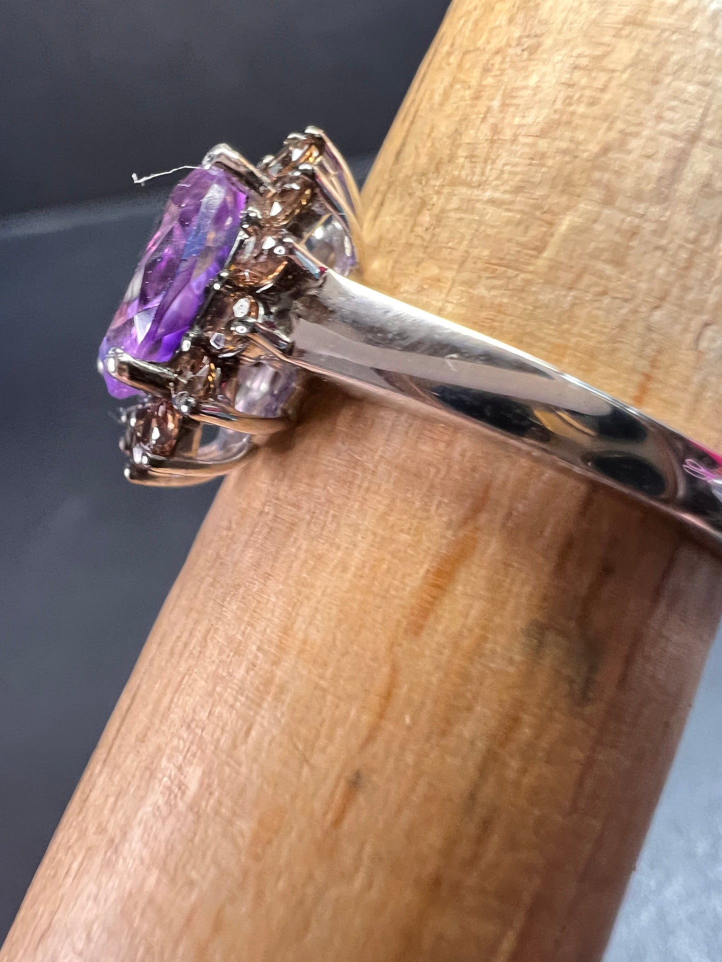 NEW Rose de France and brown zircon halo ring in platinum over sterling silver size 8