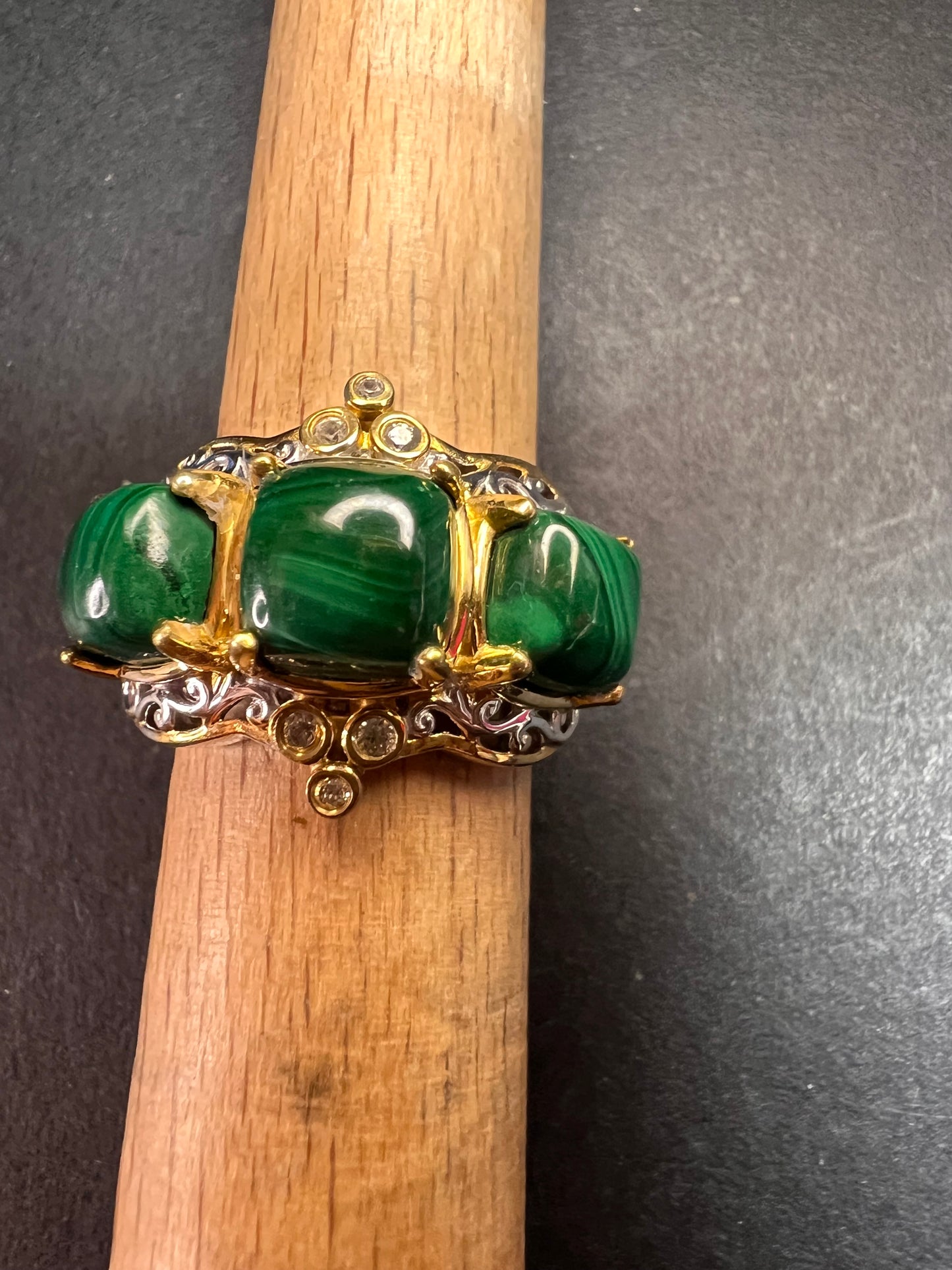 NEW Malachite and zircon two toned ring in vermeil and rhodium over sterling silver size 7