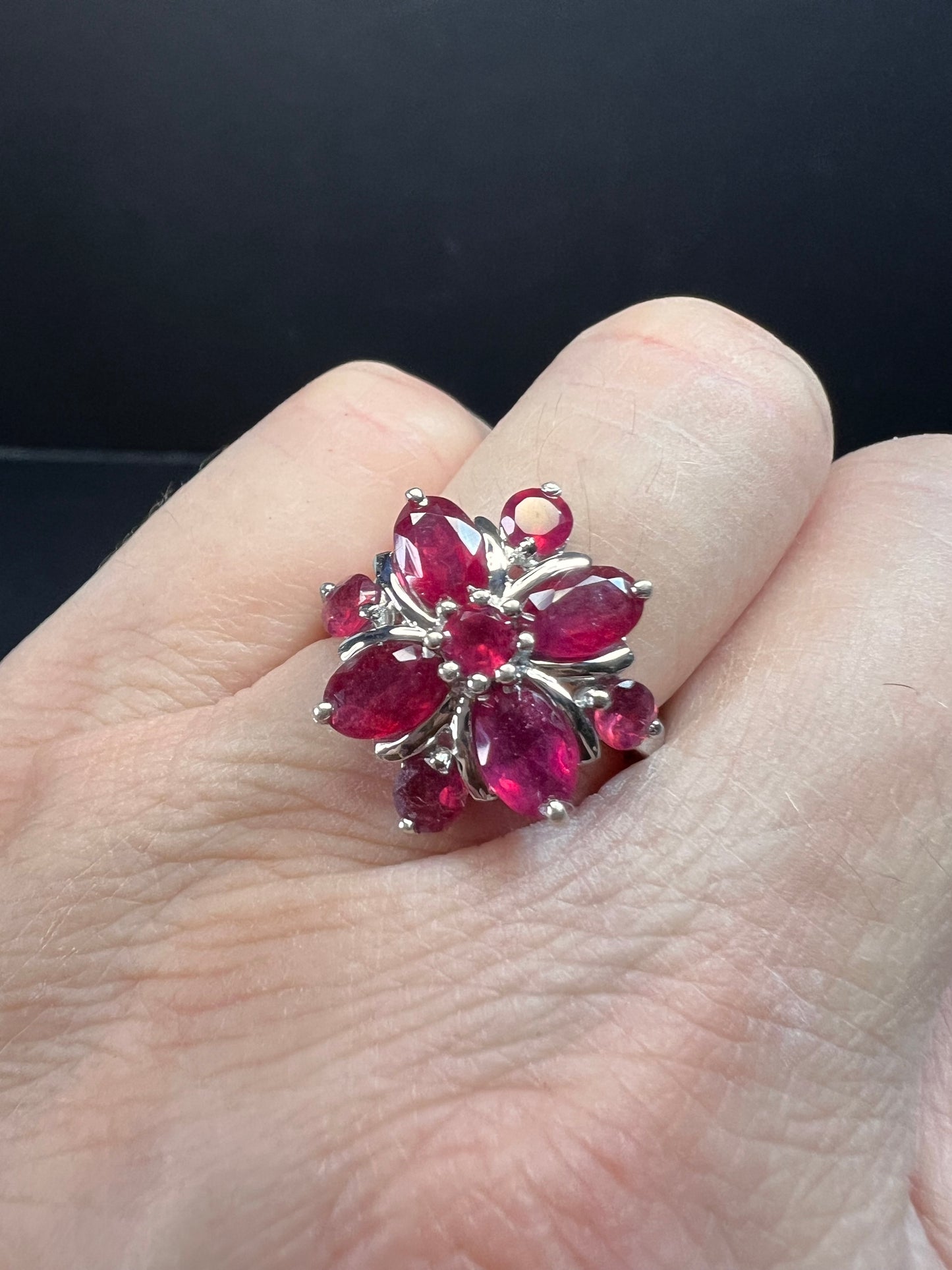Vintage ruby flower cluster sterling silver ring size 7