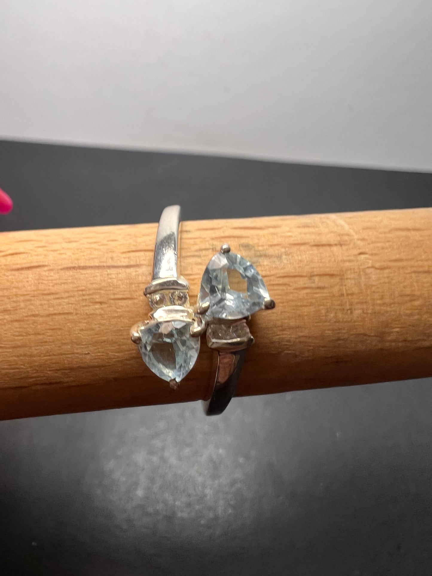 Trillium cut blue topaz bypass ring in rhodium over sterling silver size 9