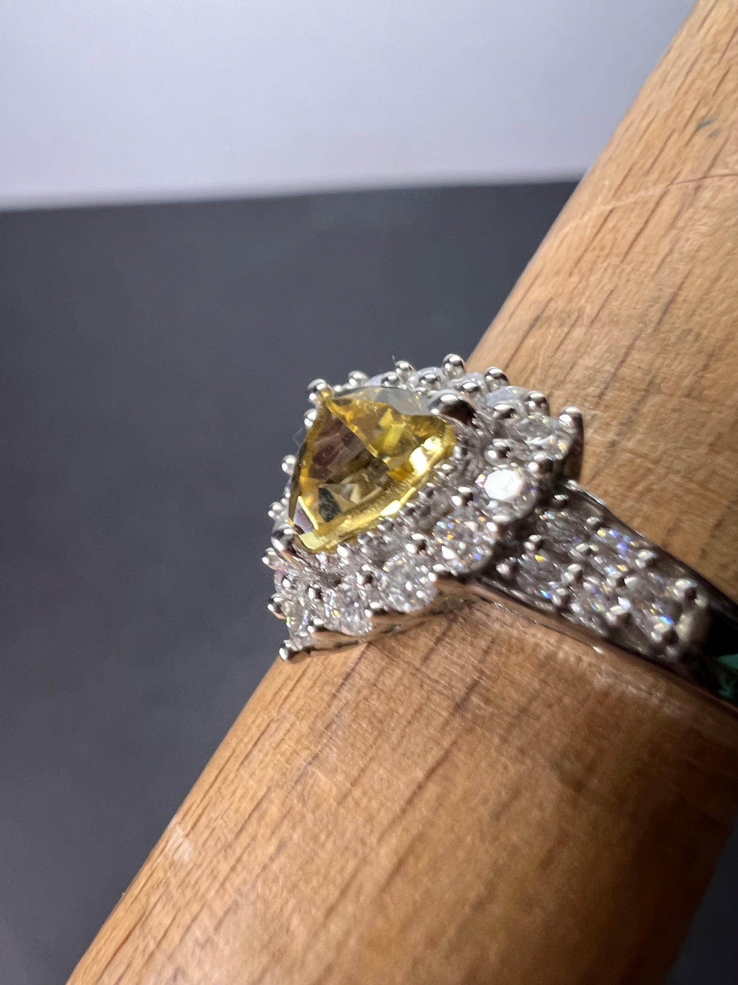 NEW yellow beryl and moissanite halo ring in platinum over sterling silver-size 7