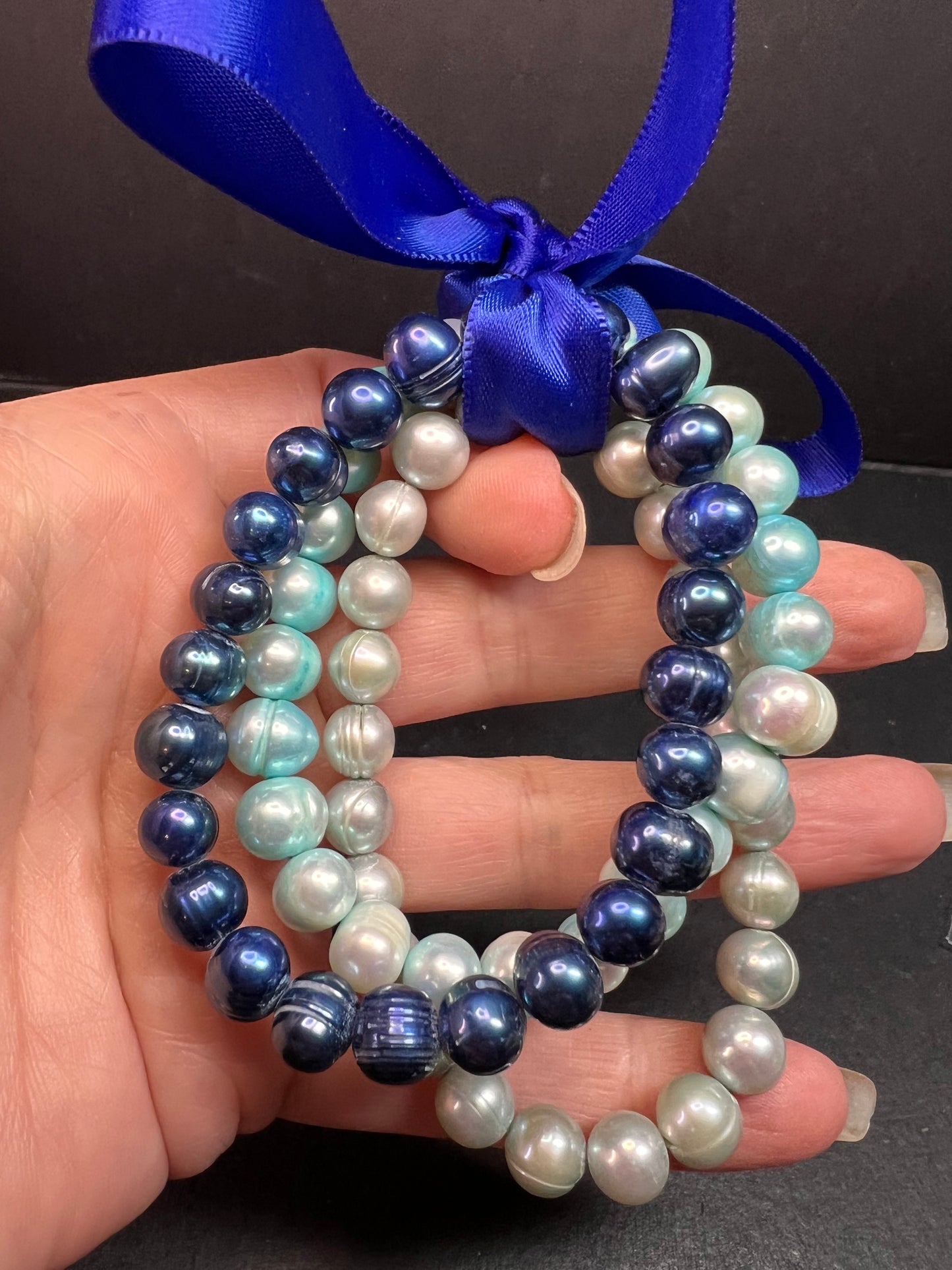Set of three freshwater pearl shades of blue stretch bracelets
