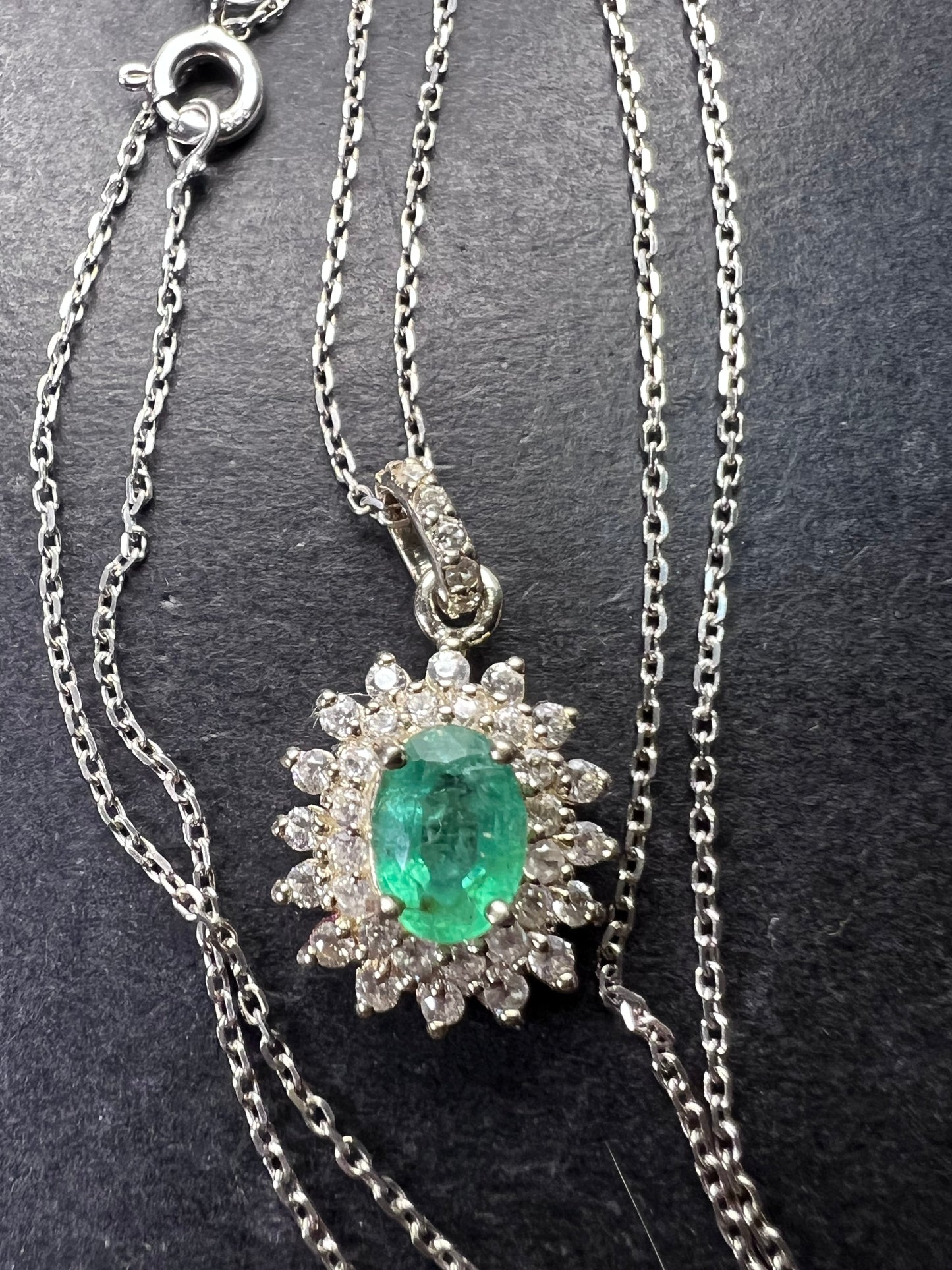Zambian Emerald and White Zircon Sunburst Pendant Necklace 18 Inches in Platinum Over Sterling Silver 1.50 ctw