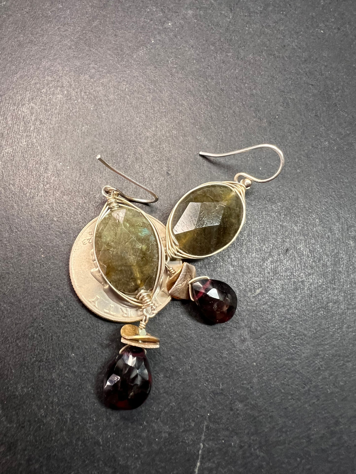Labradorite and rhodolite garnet sterling silver dangle earrings