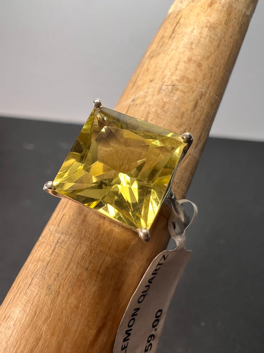 NEW size 7 Princess cut lemon quartz sterling silver ring 5.35 grams