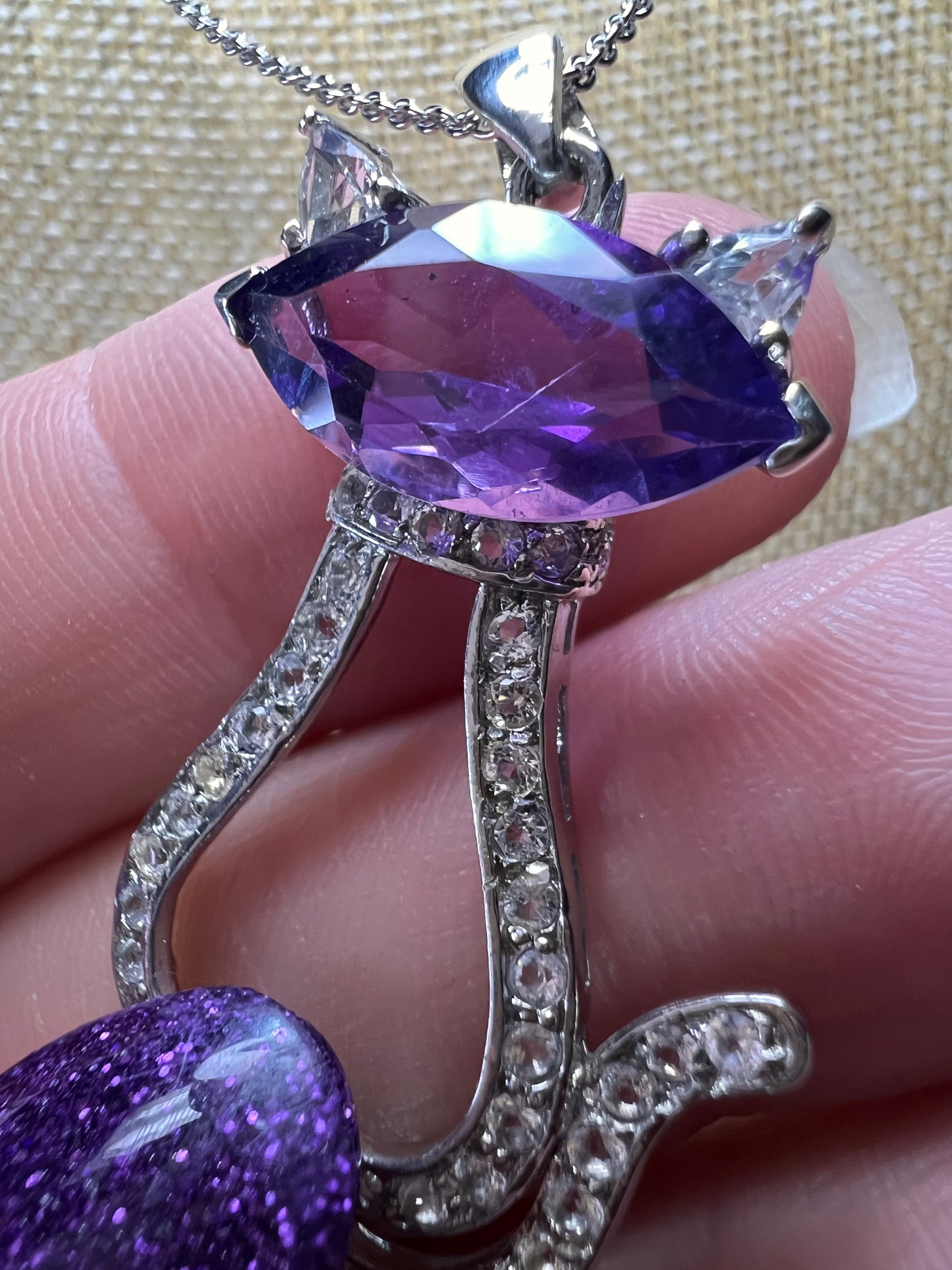 Purple Amethyst white topaz Rhodium Over Silver Cat Pendant Chain