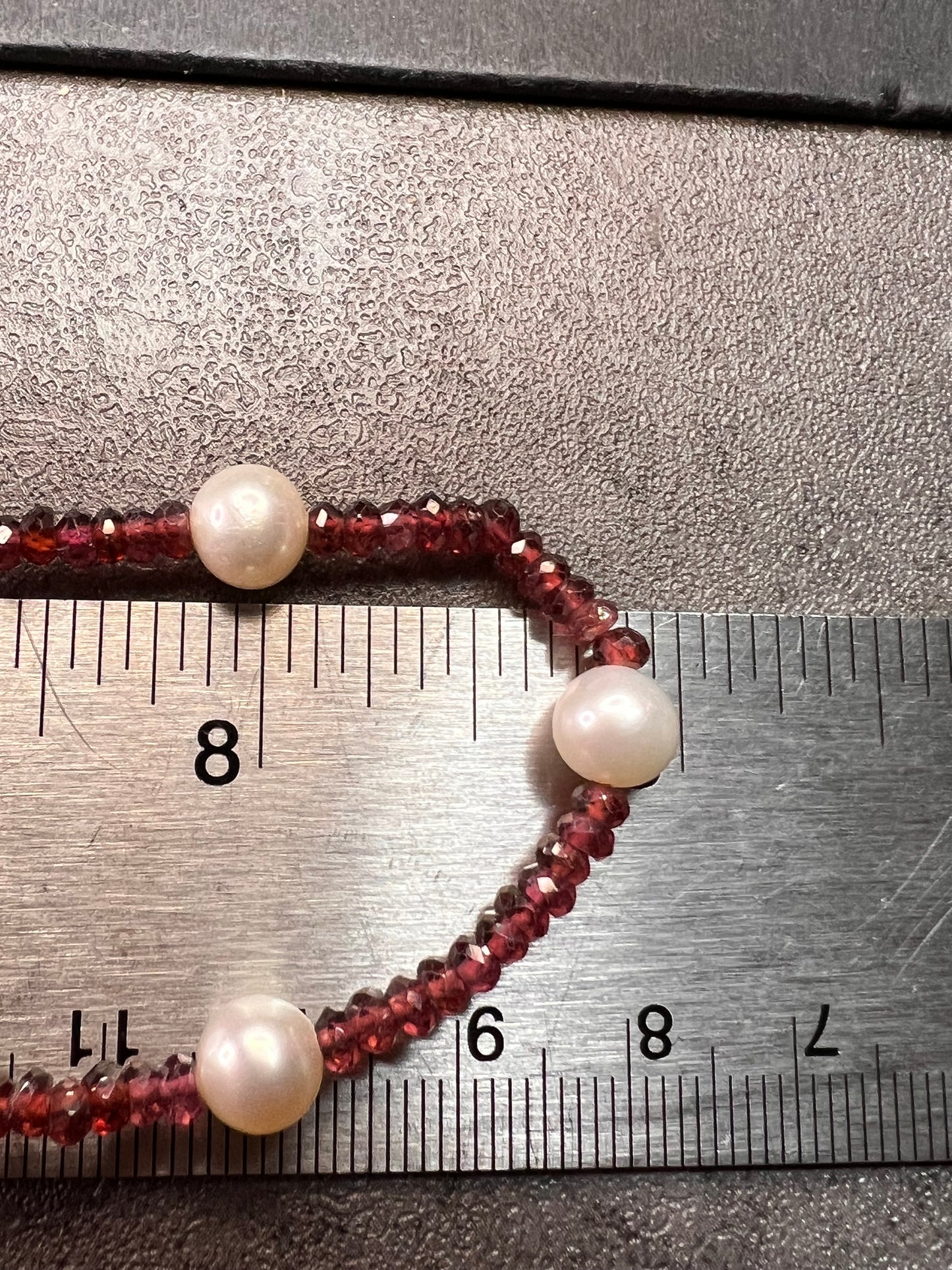 14k gold clasp garnet and pearl station necklace 18 inches