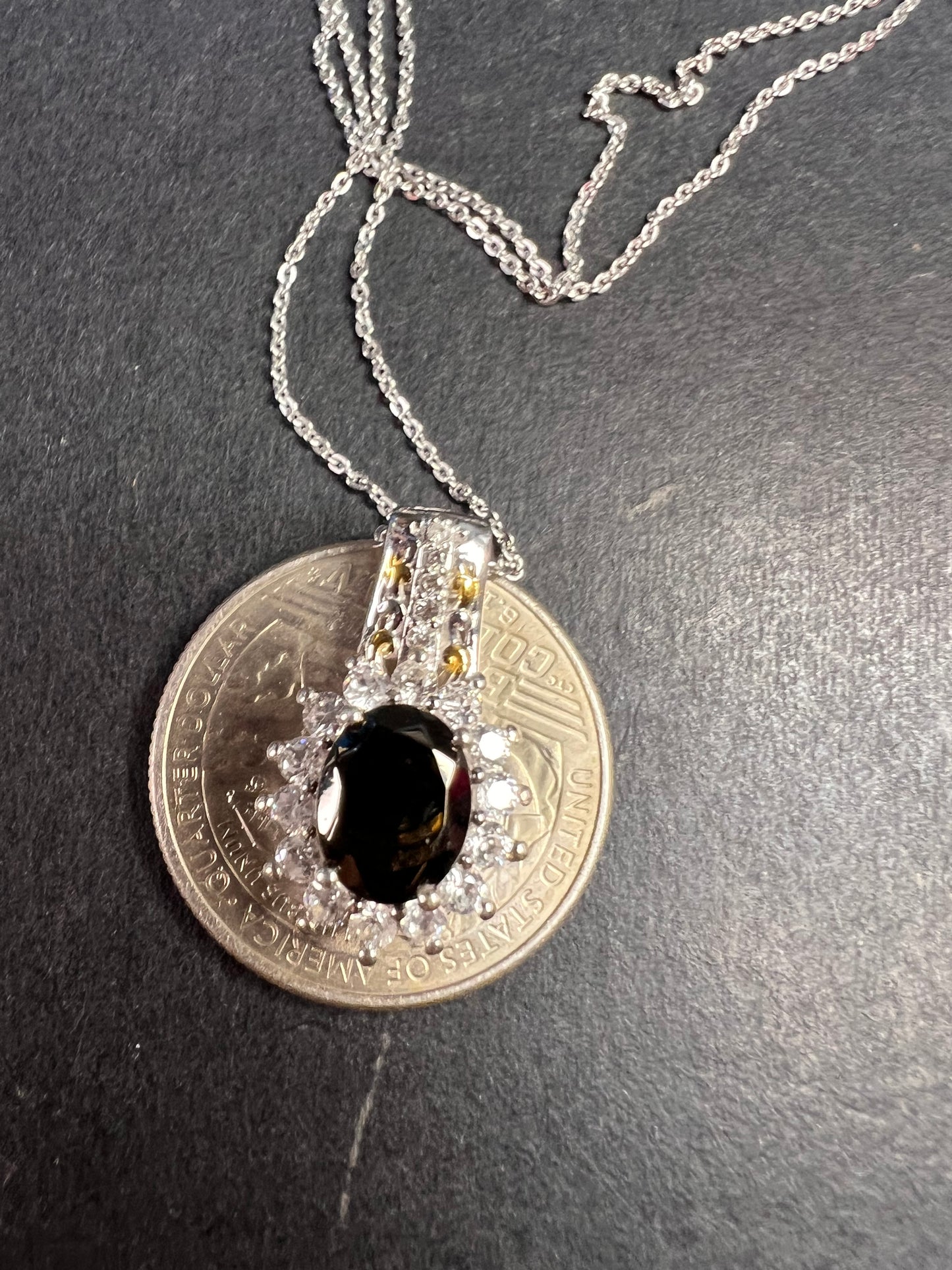 NEW elite Shungite and zircon pendant and chain in vermeil and rhodium over sterling silver