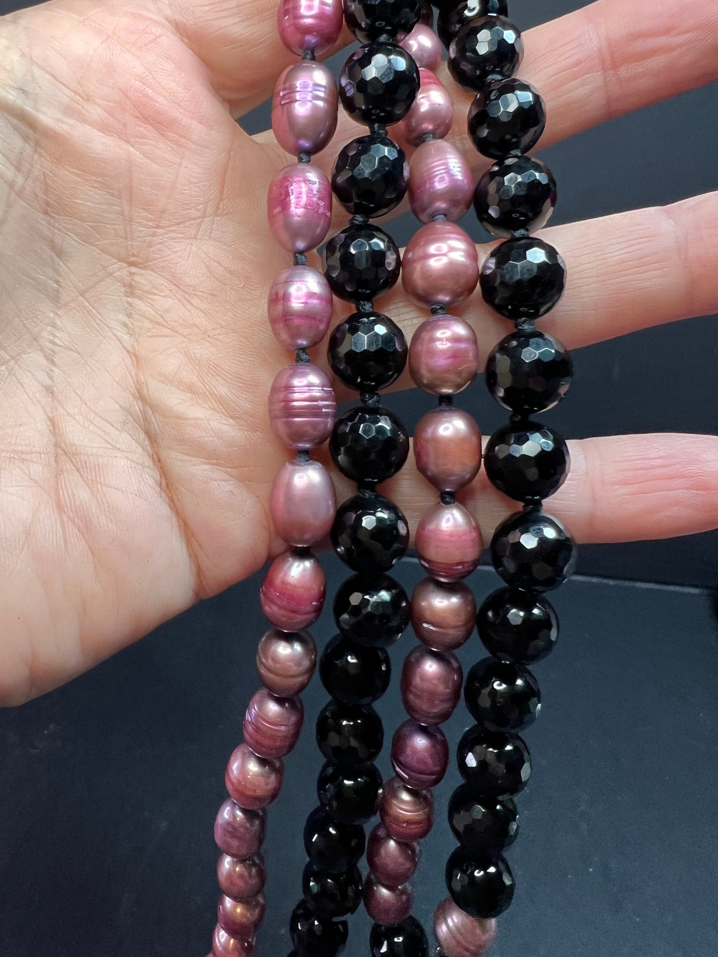 NEW freshwater pearl and black tourmaline 36 inch necklace with sterling silver clasp