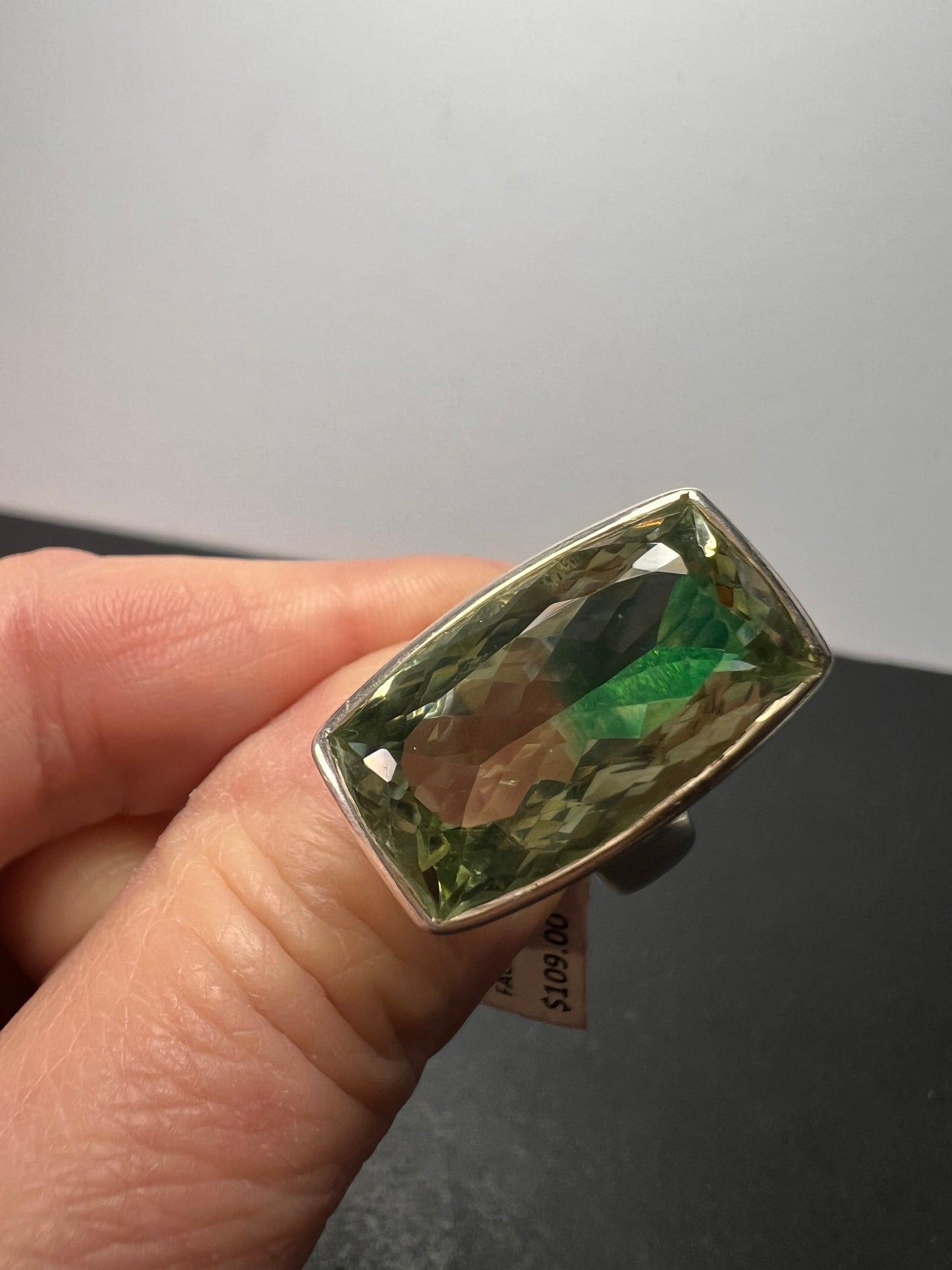 NEW cushion cut Prasiolite sterling silver ring size 7 10.83 grams