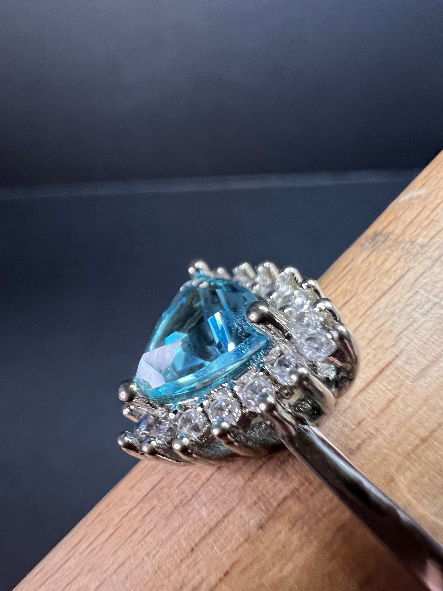 Sky blue trillium CZ halo sterling silver ring size 9
