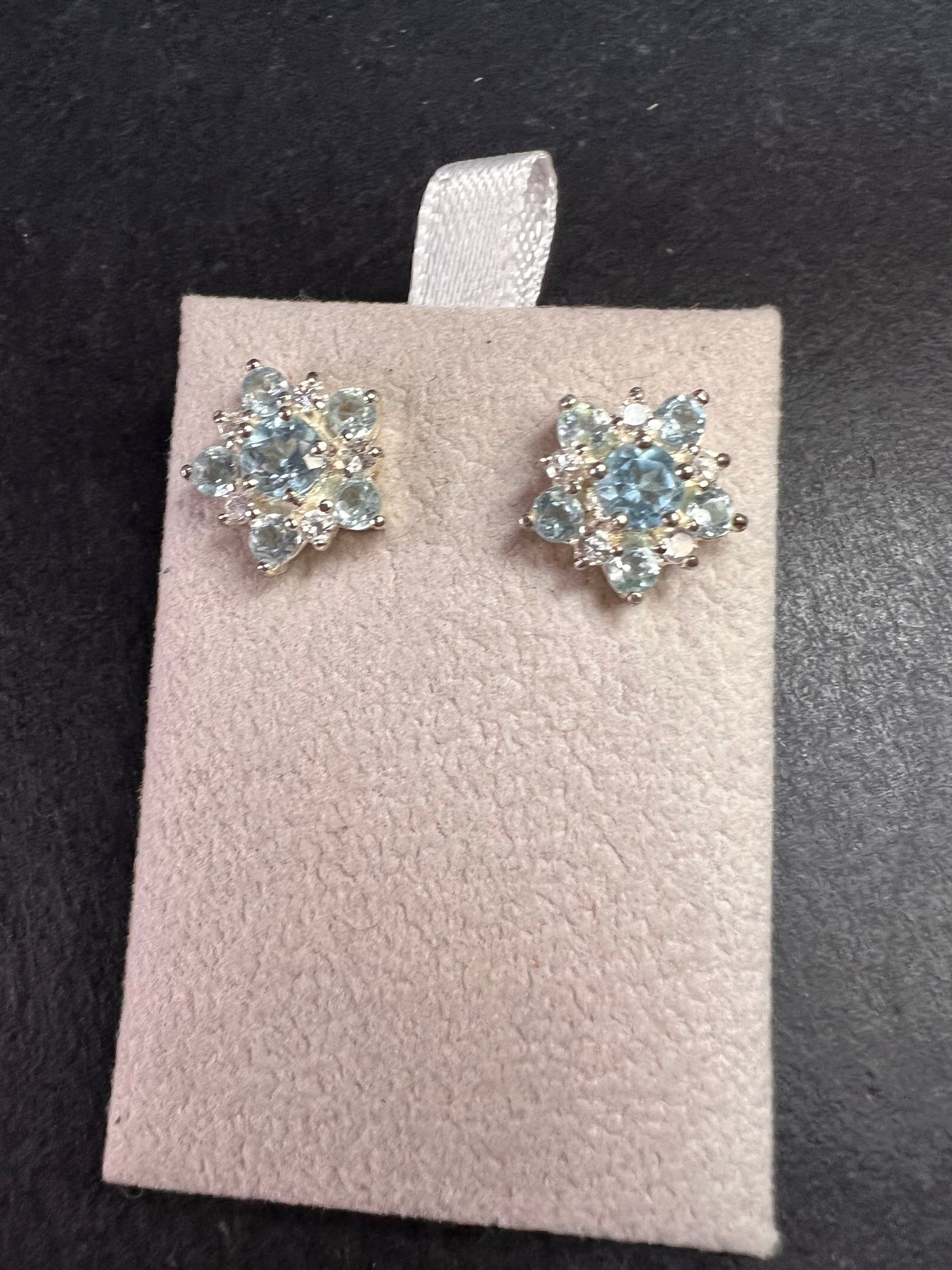 Vintage blue topaz and cz sterling silver snowflake stud earrings