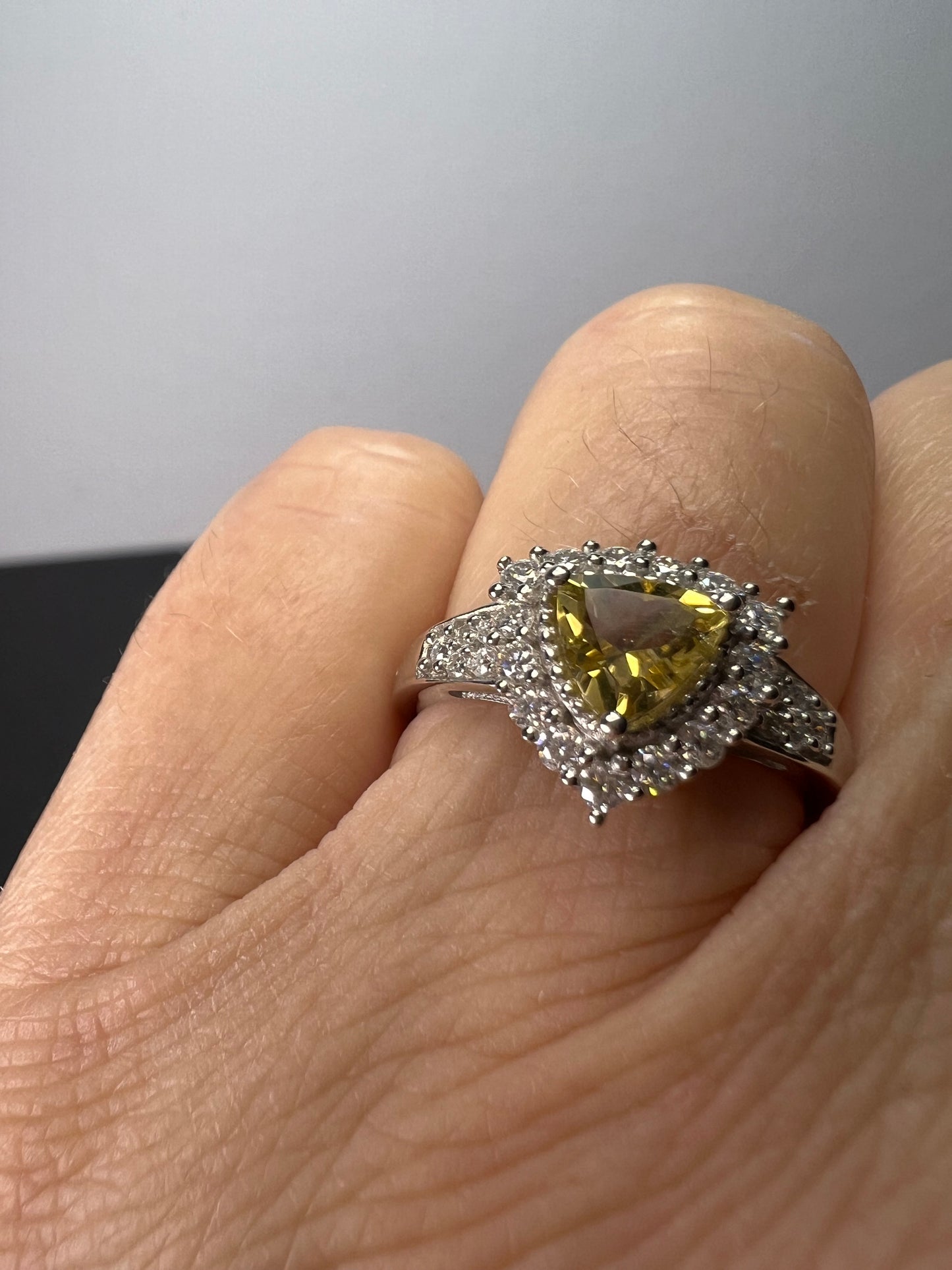 NEW yellow beryl and moissanite halo ring in platinum over sterling silver-size 7