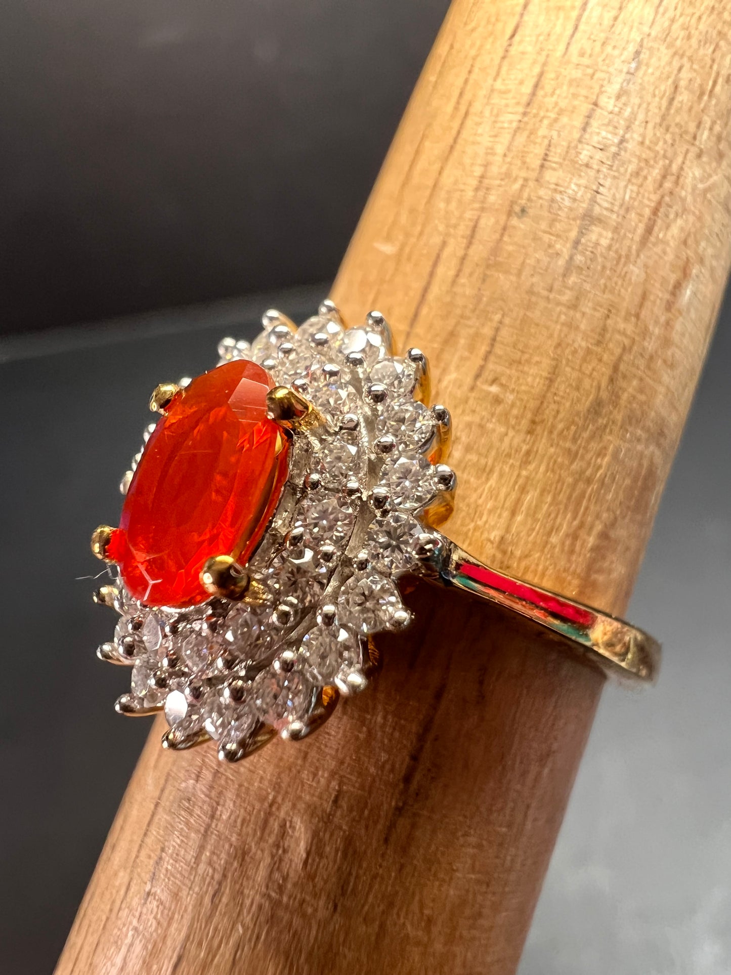 NEW Mexican Cherry fire opal and moissanite double halo ring in vermeil yellow gold over sterling silver size 5