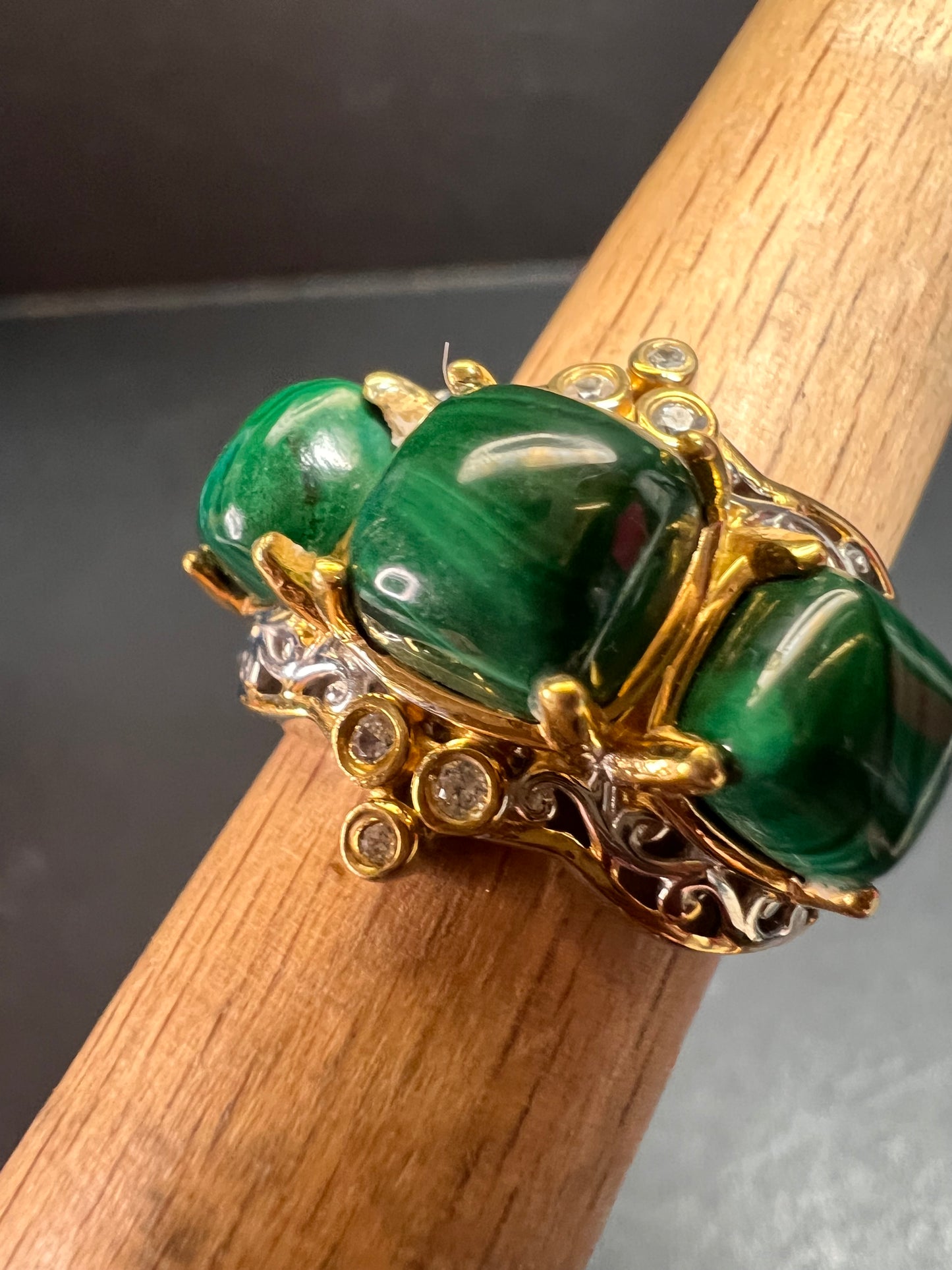 NEW Malachite and zircon two toned ring in vermeil and rhodium over sterling silver size 7