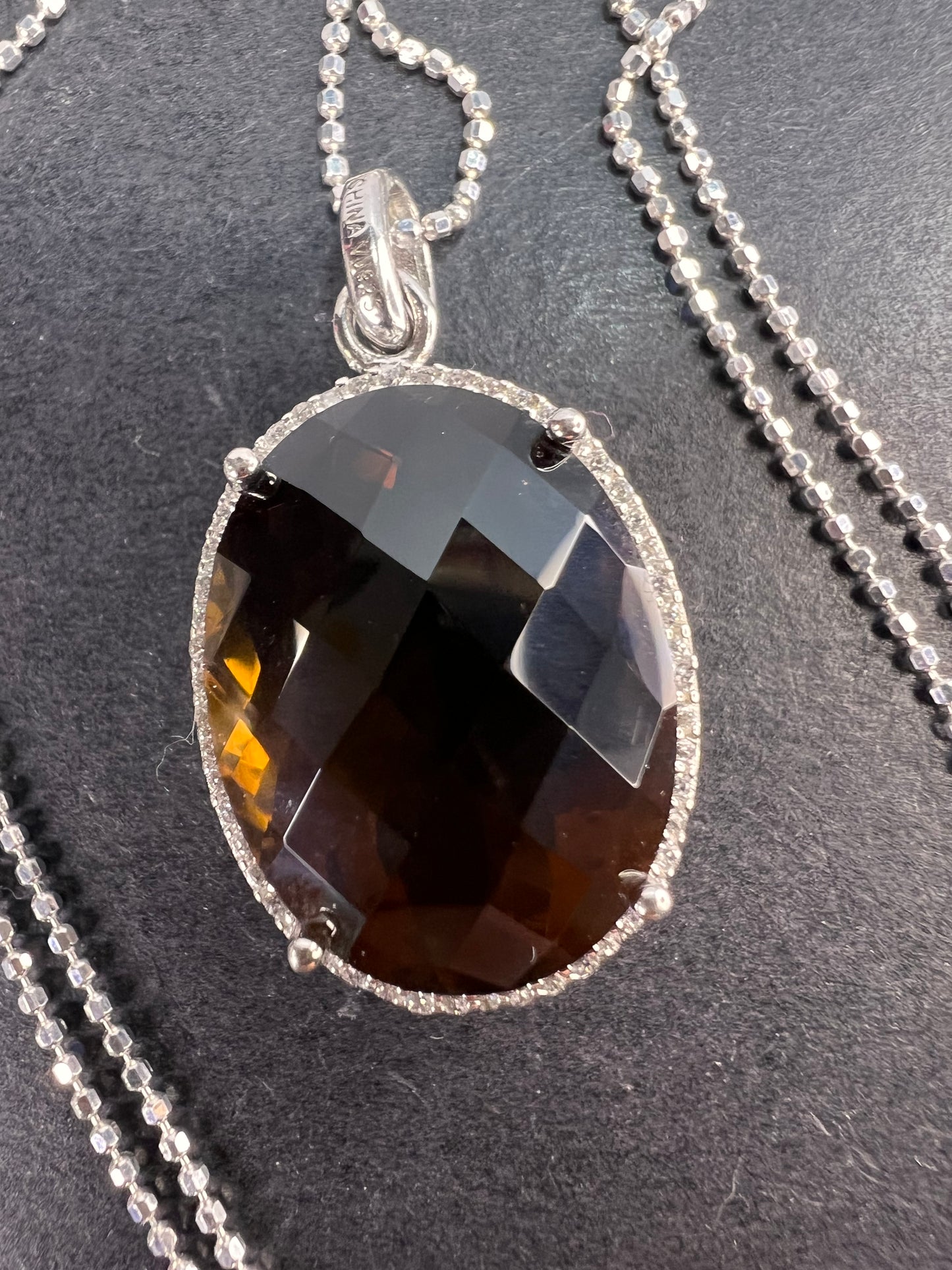 Cognac Quartz sterling silver halo pendant and chain