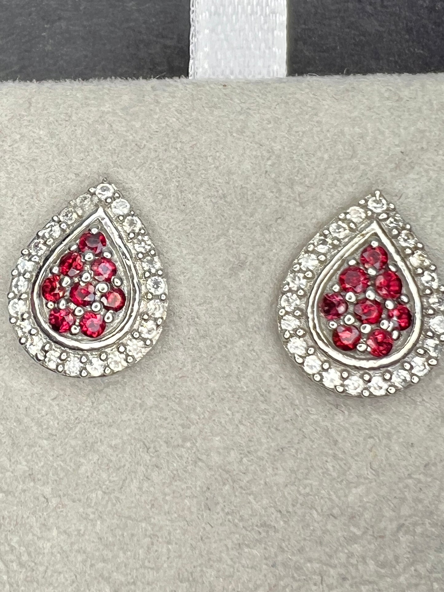 Rhodolite garnet and white topaz teardrop sterling silver post halo earrings