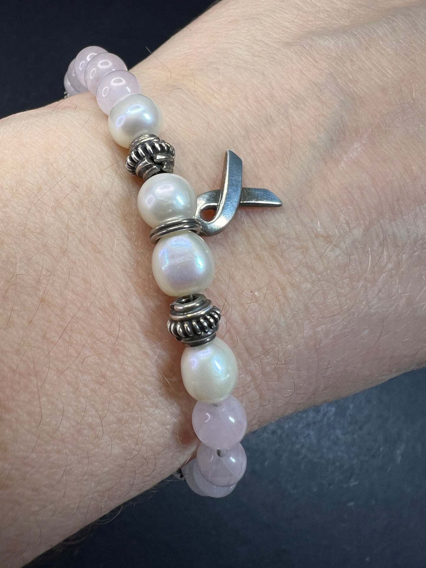 Vintage rose quartz, freshwater pearls, and sterling silver breast cancer awareness bracelet