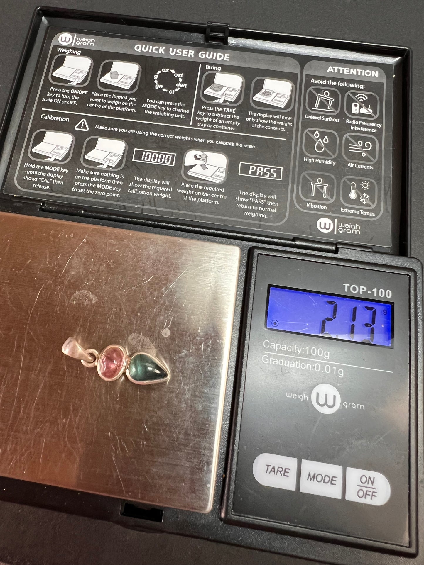 NEW Pink and blue indicolite tourmaline sterling silver pendant 2.13 grams