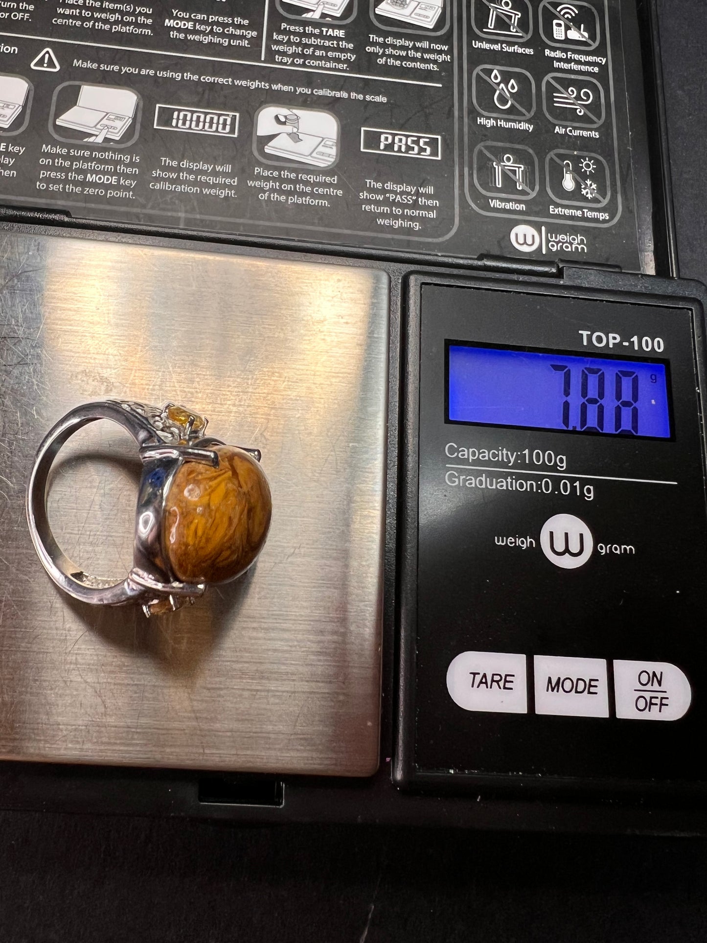 NEW script stone and citrine stainless steel ring size 8