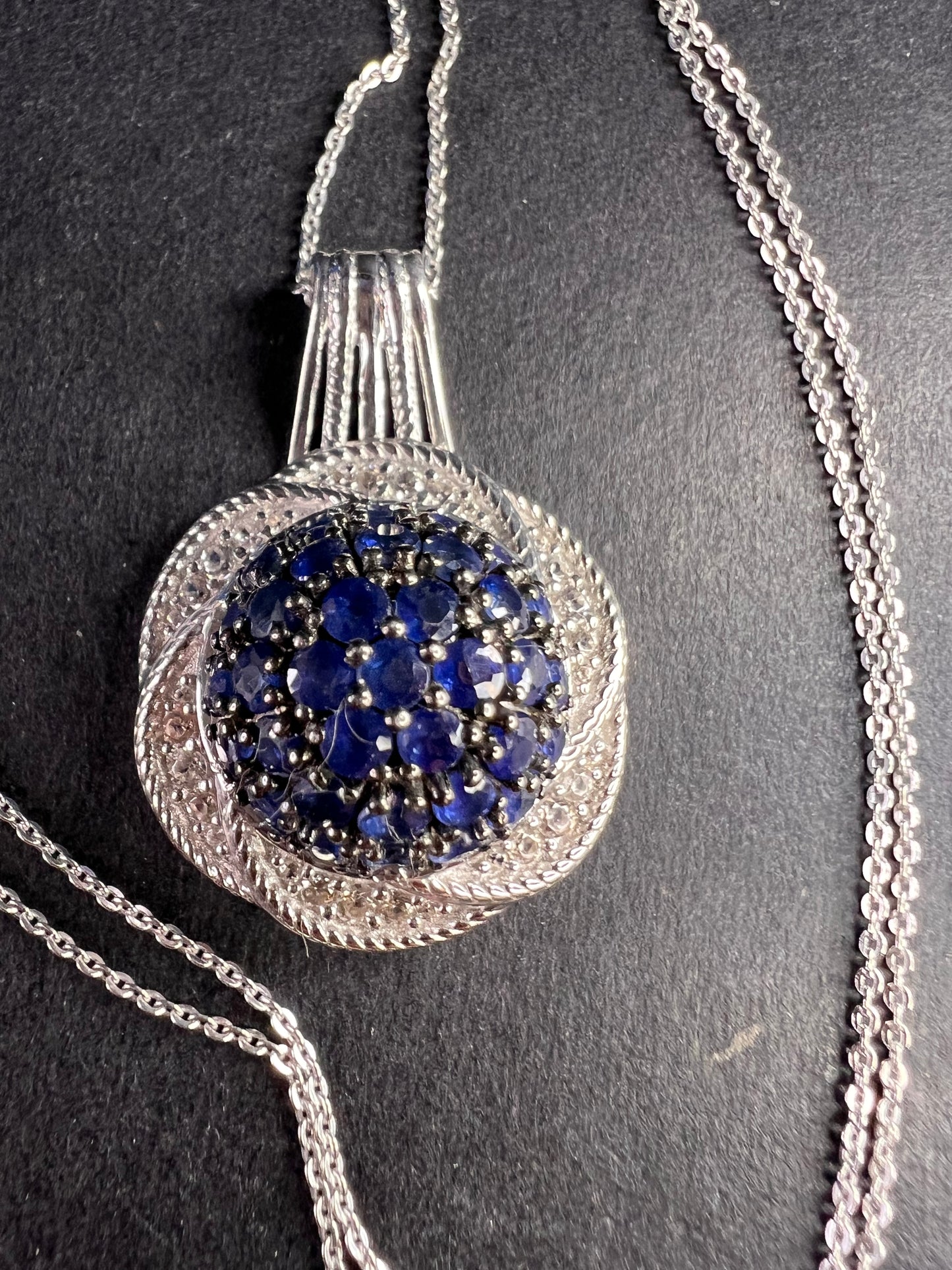 NEW blue sapphire and zircon galaxy halo pendant and chain in rhodium over sterling silver