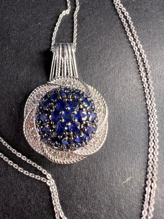 NEW blue sapphire and zircon galaxy halo pendant and chain in rhodium over sterling silver