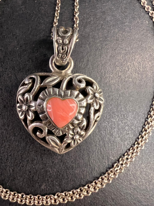 Vintage Thai sterling silver pink coral heart pendant and 24 inch chain