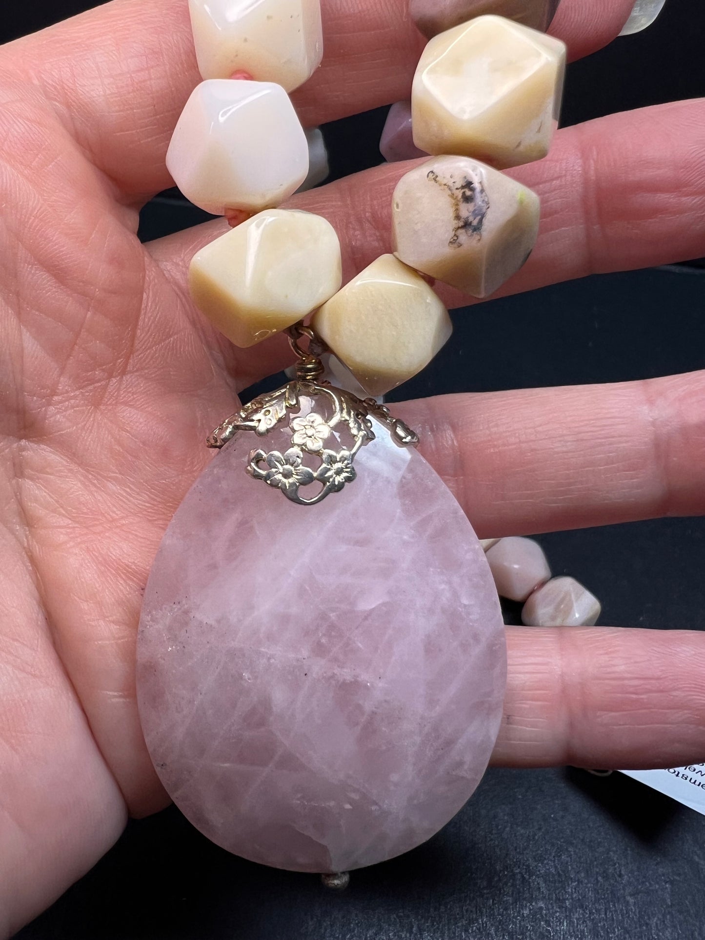 NEW pink opal and rose quartz Sterling silver necklace
