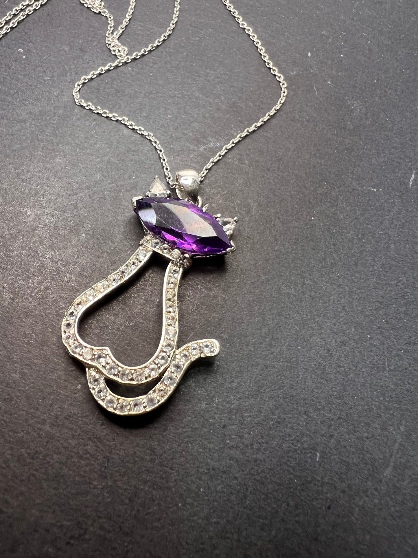 Purple Amethyst white topaz Rhodium Over Silver Cat Pendant Chain