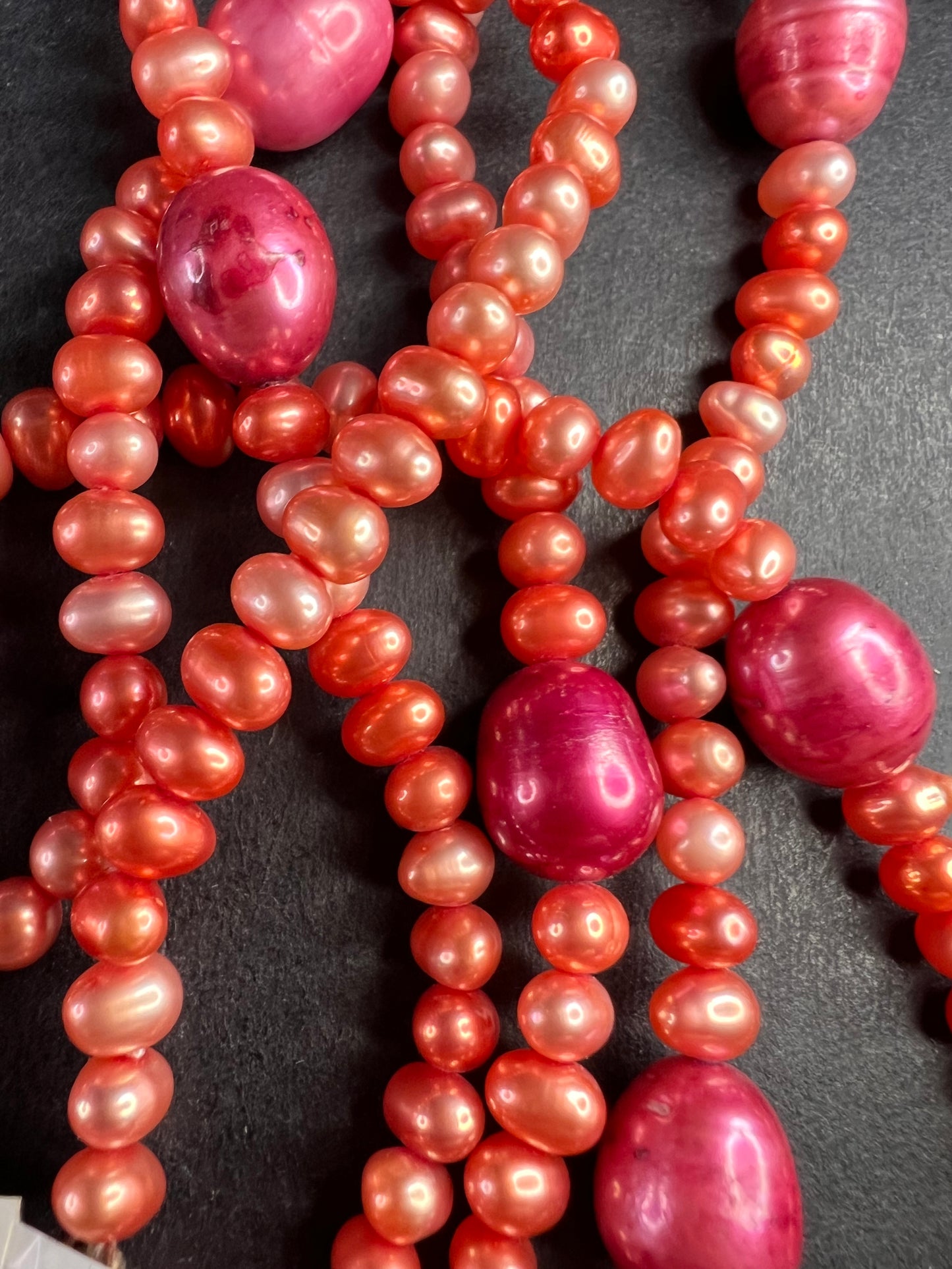 NEW coral and magenta colored freshwater pearl 36 inch station necklace with sterling silver clasp