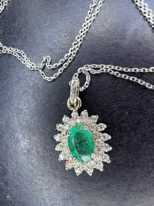 Zambian Emerald and White Zircon Sunburst Pendant Necklace 18 Inches in Platinum Over Sterling Silver 1.50 ctw