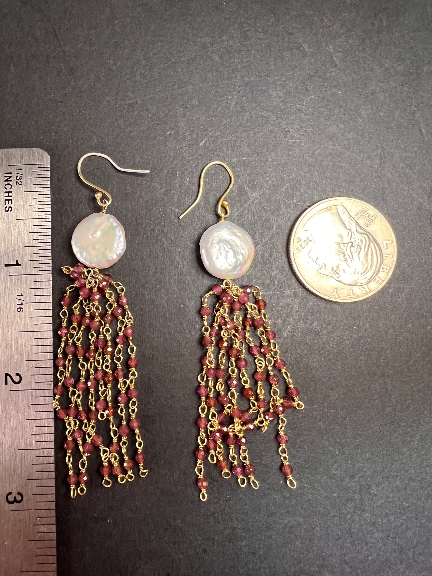 Freshwater pearl and garnet chandelier sterling silver earrings