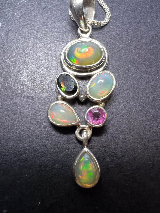 Welo opal and watermelon tourmaline sterling silver pendant and chain necklace