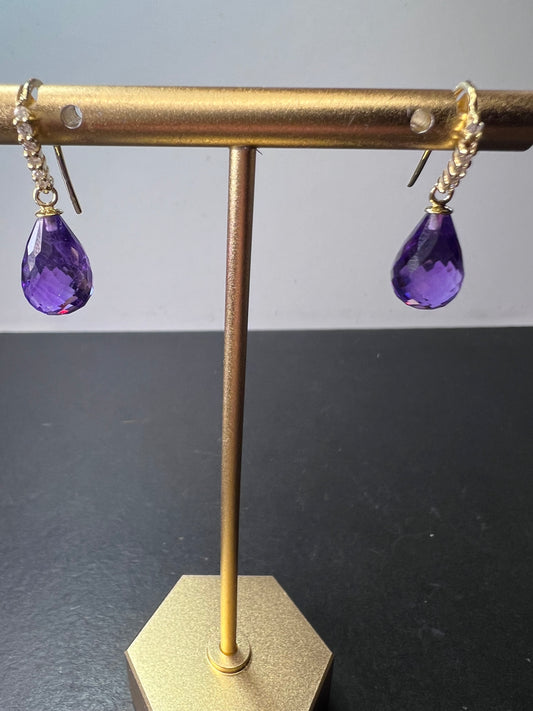 14k gold amethyst briolette and diamond dangle earrings