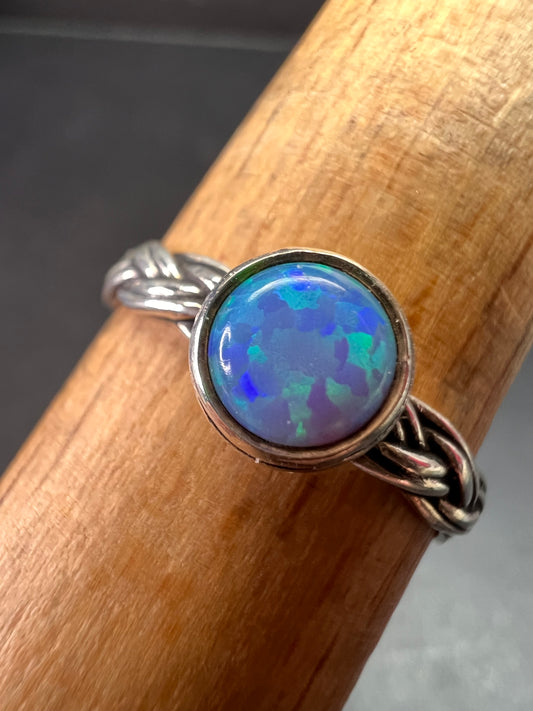 Sterling Silver Braided Band Ring with Lab Opal – Size 9