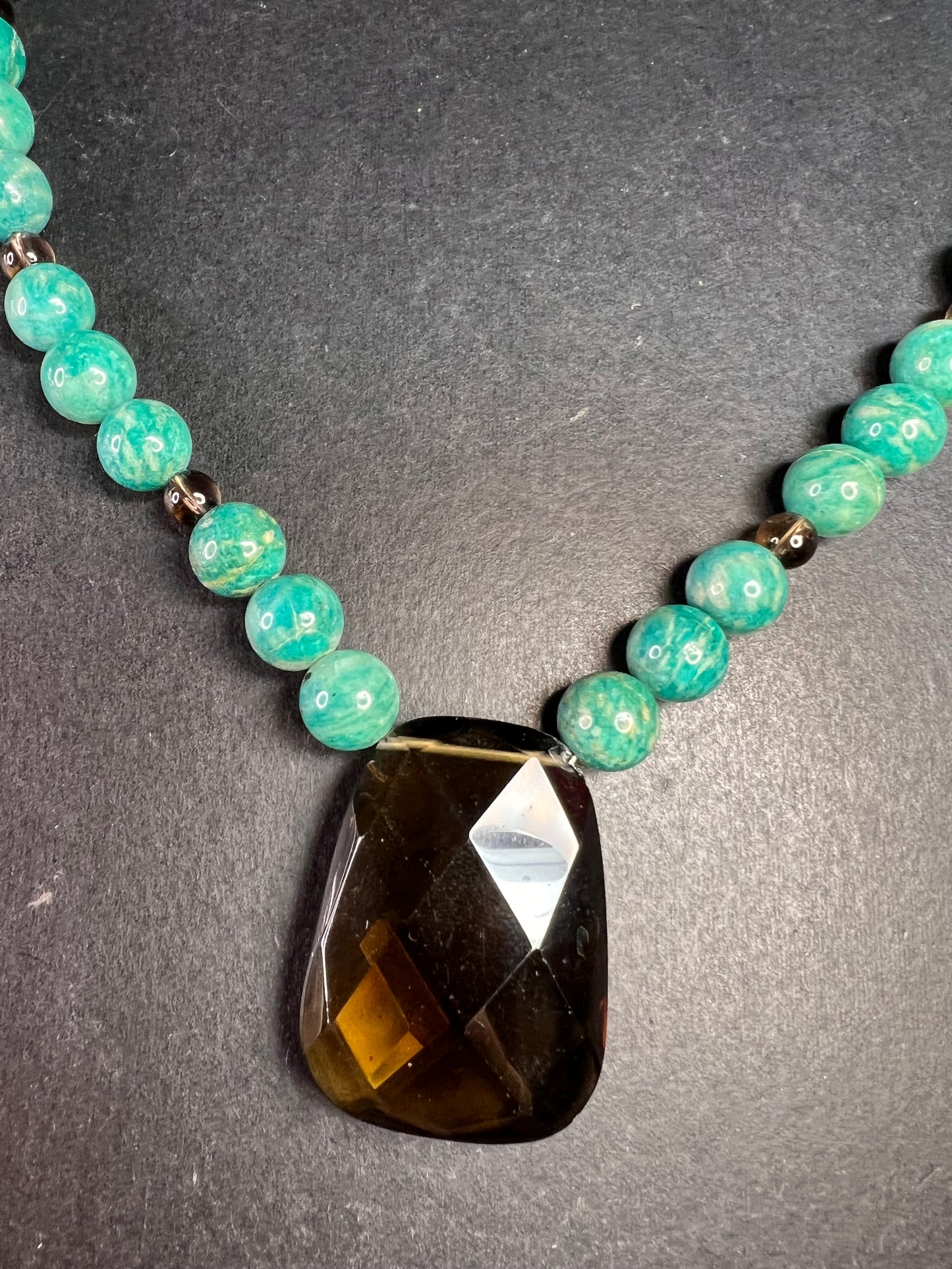 Russian amazonite and smoky quartz necklace with sterling silver clasp