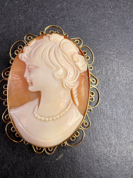 Vintage 1960s Hand Carved Shell Cameo Brooch Pendant – 12K Gold Filled Filigree Frame – 2” x 1.5”