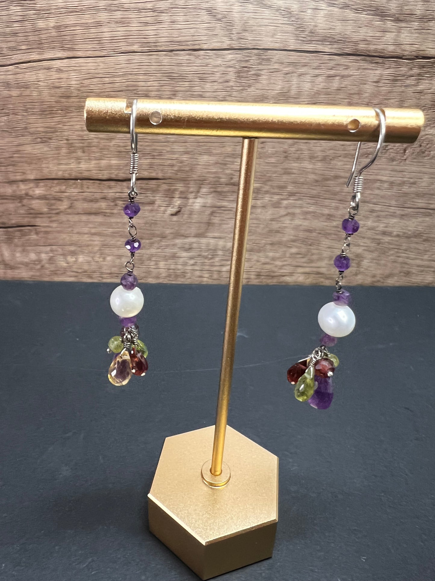 Multi gemstone cluster dangle earrings in sterling silver