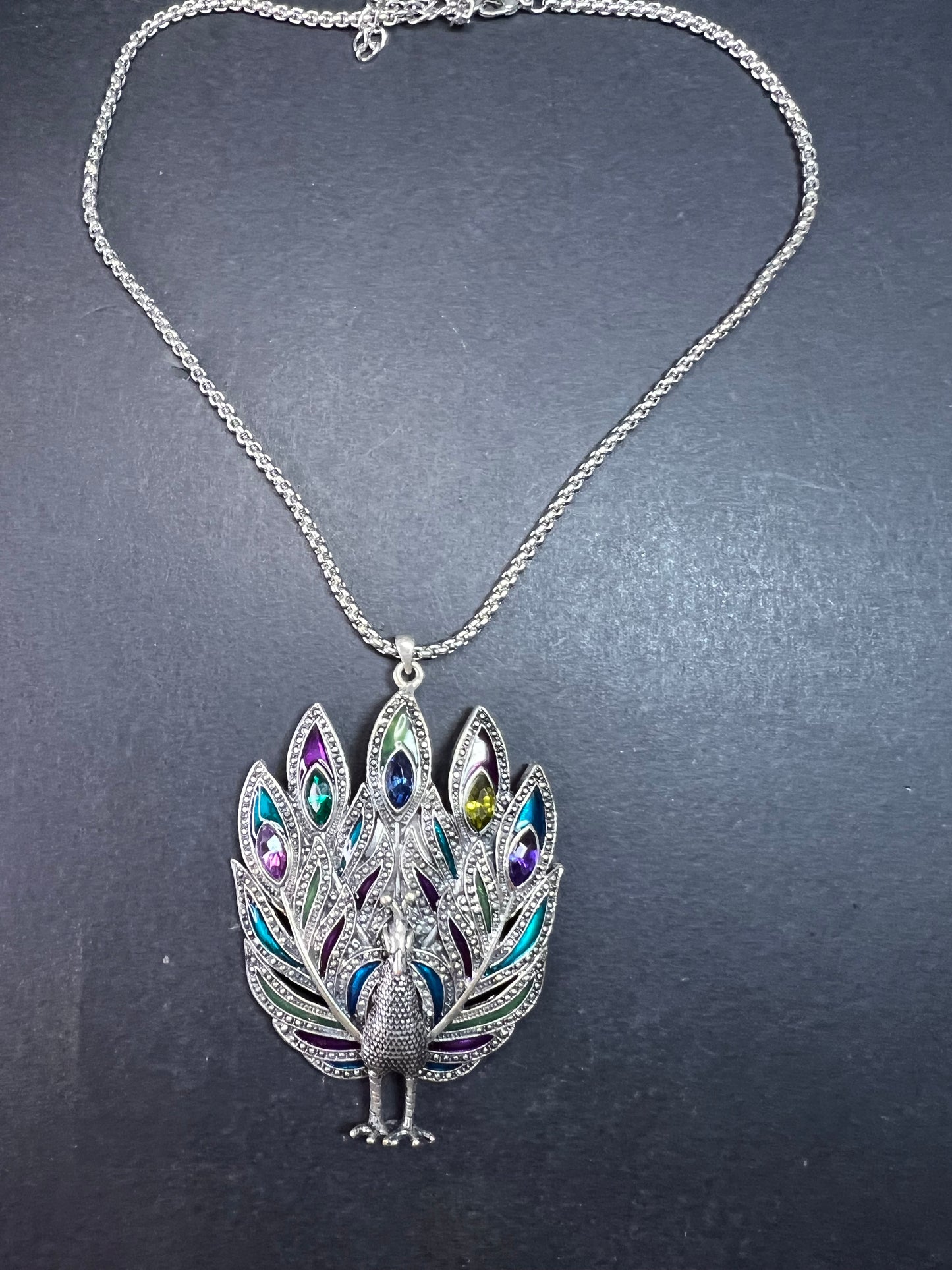 Vintage enameled and jeweled peacock pendant costume jewelry necklace