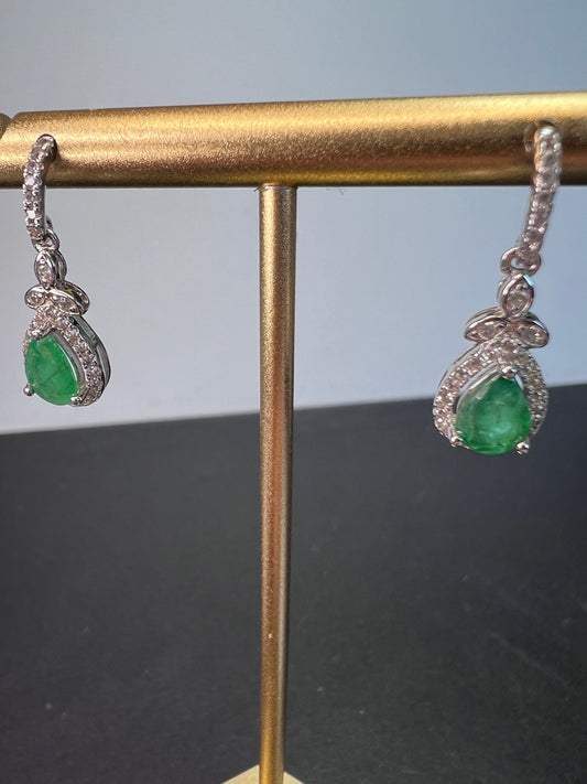 Emerald and white topaz rhodium over sterling silver earrings