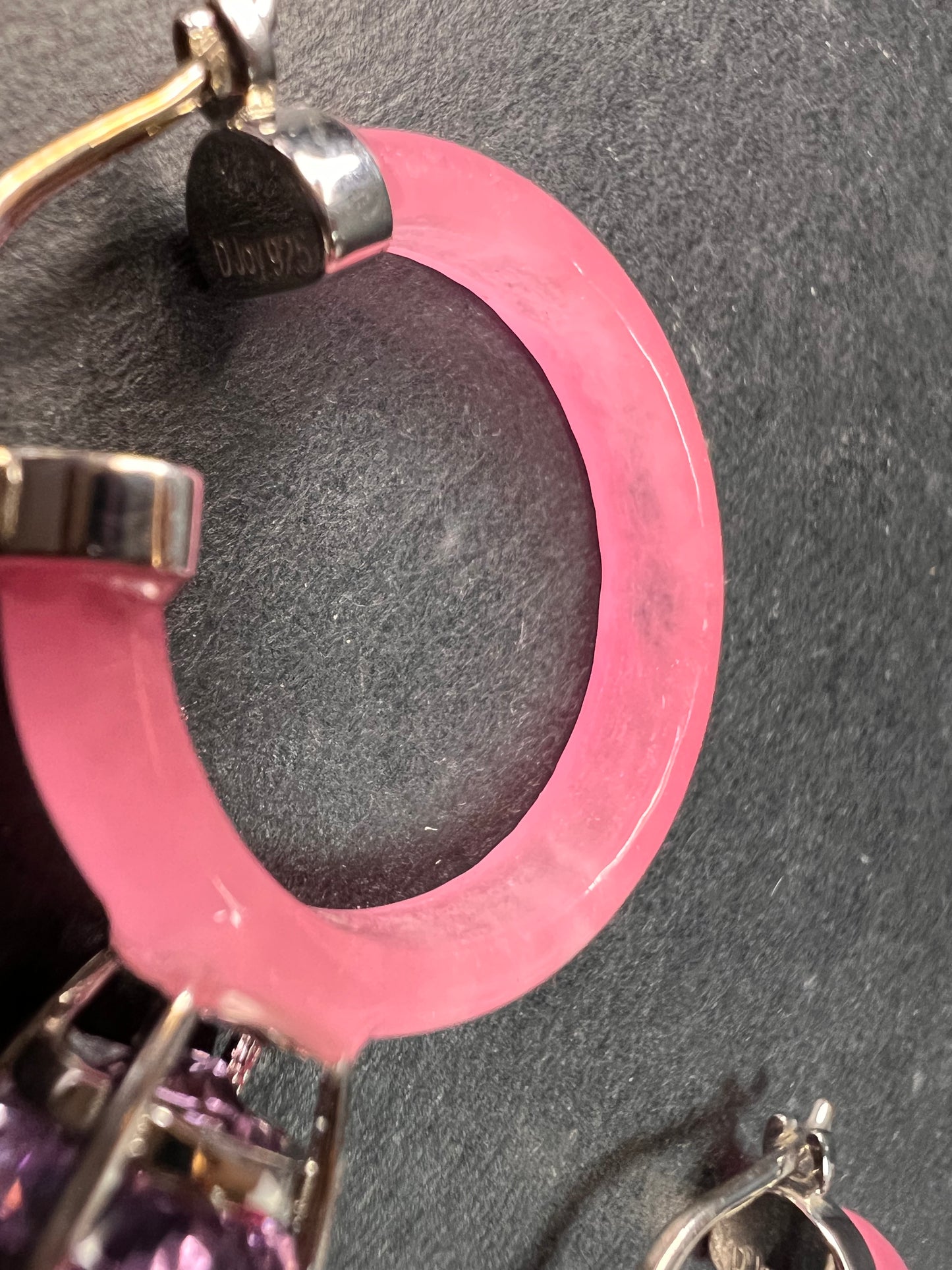 NEW Pink Jade and rose de France amethyst hoop earrings in rhodium over sterling silver