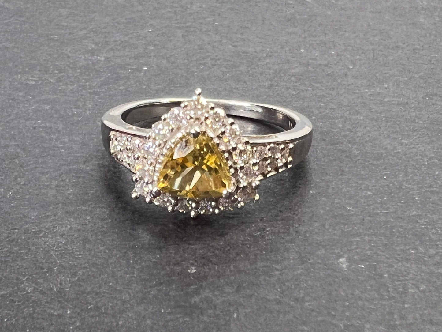 NEW yellow beryl and moissanite halo ring in platinum over sterling silver-size 7