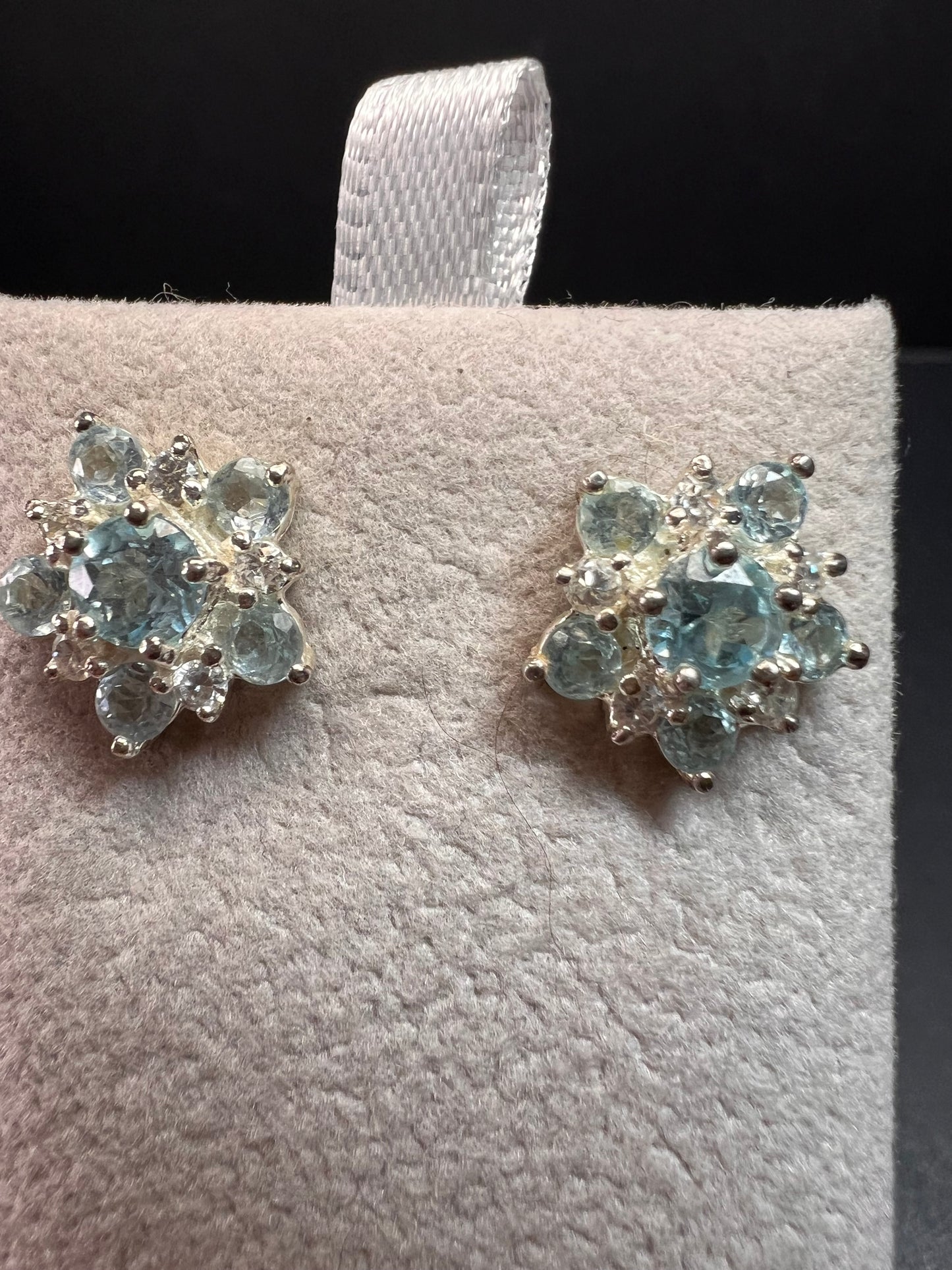 Vintage blue topaz and cz sterling silver snowflake stud earrings