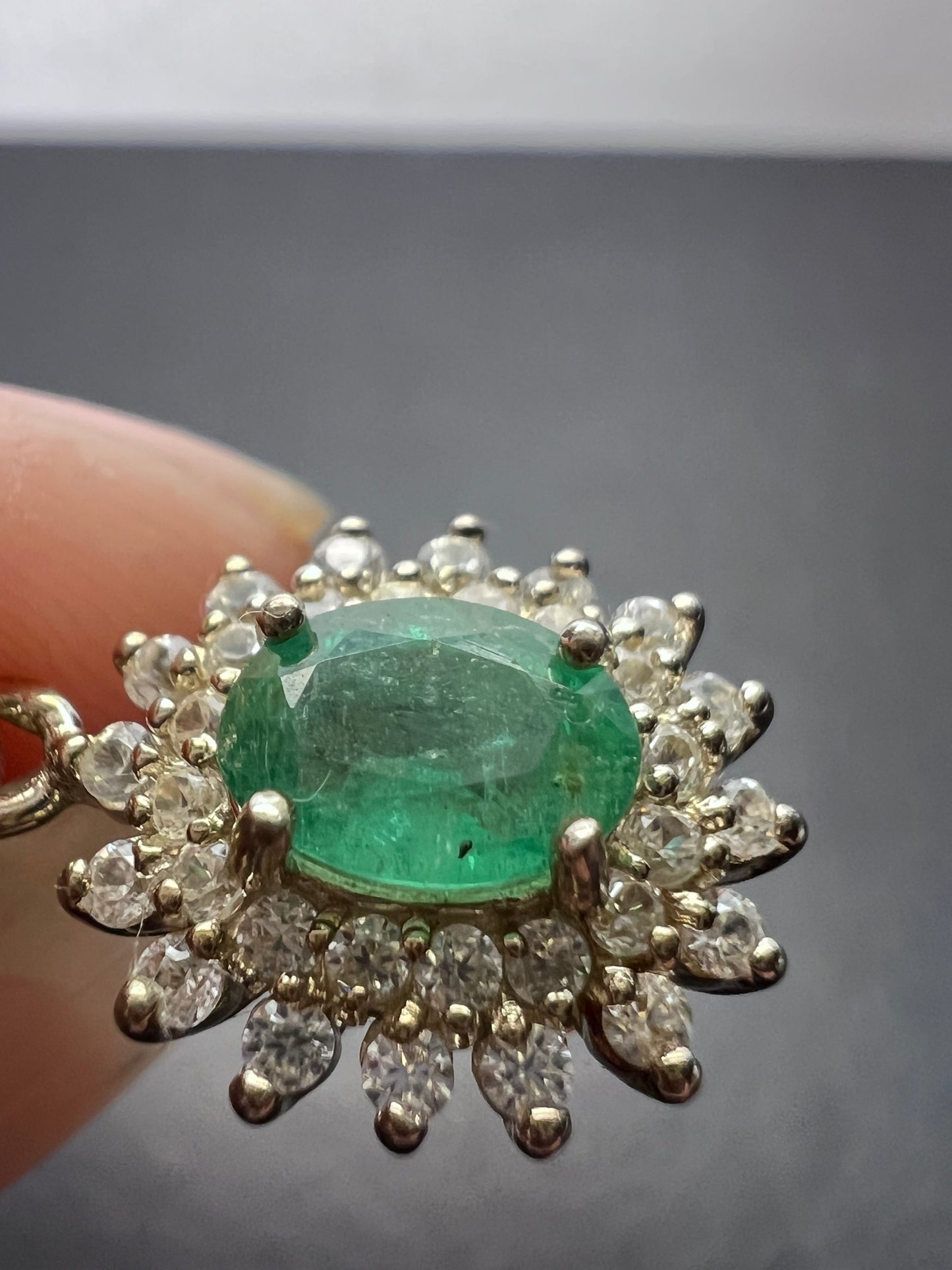Zambian Emerald and White Zircon Sunburst Pendant Necklace 18 Inches in Platinum Over Sterling Silver 1.50 ctw